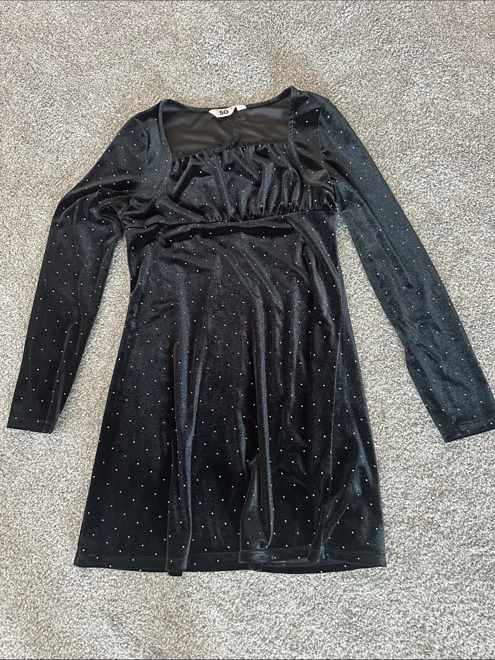 SO Black Velvet Long Sleeve Mini Dress with Sparkling Studs